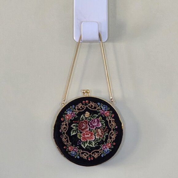 Vintage Floral Petit Point Purse Round Needlepoint Tapestry Evening Bag Clutch - Picture 1 of 16